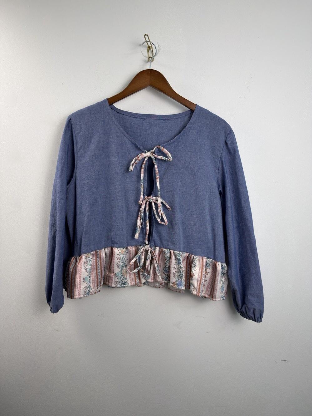 Handmade Blue Cottagecore Tie Front Blouse Floral Print One of a Kind